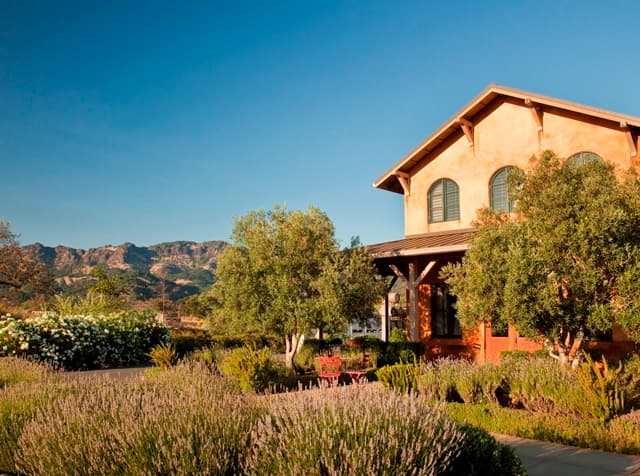 The Tuscan-style Envy winery building with lavender in bloom